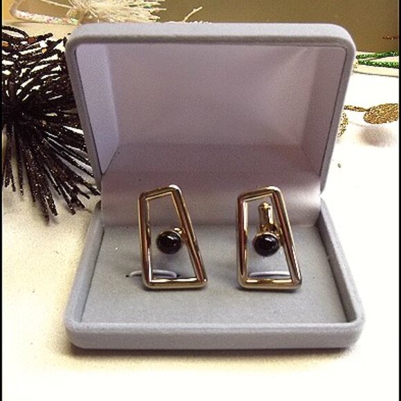 1950s Speidel Signed Red Glass Gold Geometric Vintage Cufflinks 14732 - Picture 2 of 6